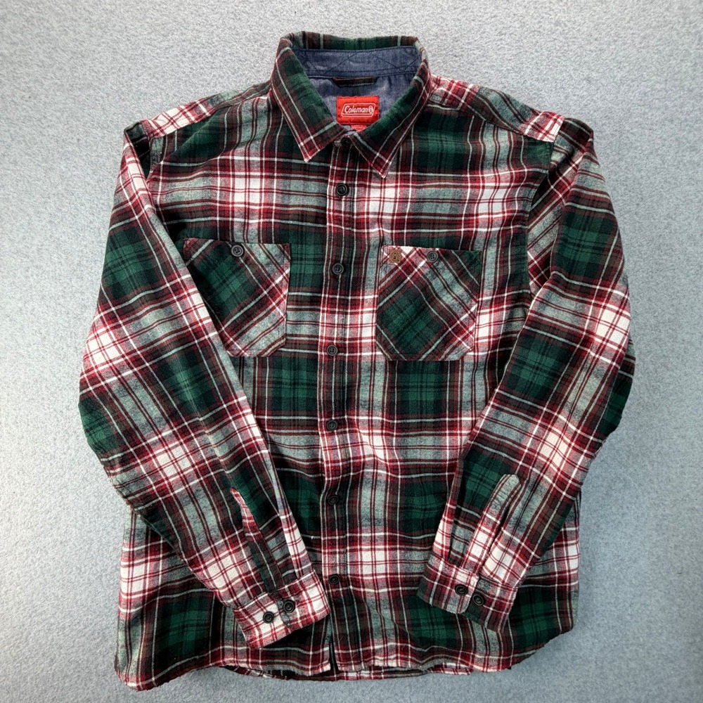 Coleman Mens XXL Plaid Flannel Shirt Green Red White Long Sleeve Cotton WPL12902